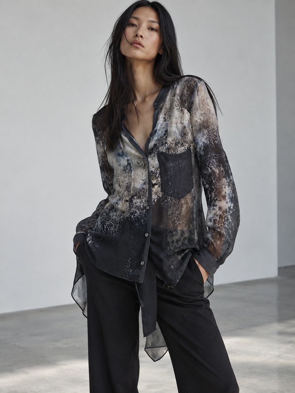 Helmut Lang Black and Beige Sheer Abstract-Print Blouse